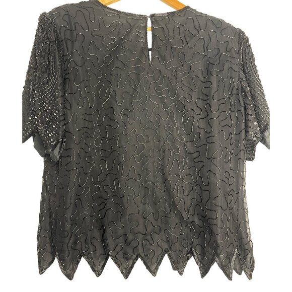 Vintage Laurence Kazar Black Beaded Silk Top 3X Short Sleeve Party Elegant sheer - Picture 2 of 16